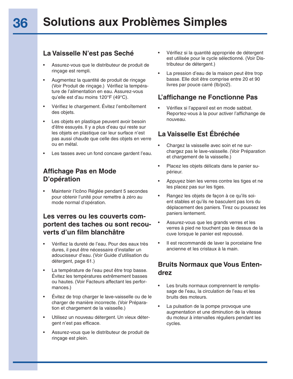 Solutions aux problèmes simples, La vaisselle n’est pas seché, Affichage pas en mode d’opération | L’affichange ne fonctionne pas, La vaisselle est ébréchée, Bruits normaux que vous enten- drez | Electrolux EI24ID30QS User Manual | Page 36 / 60