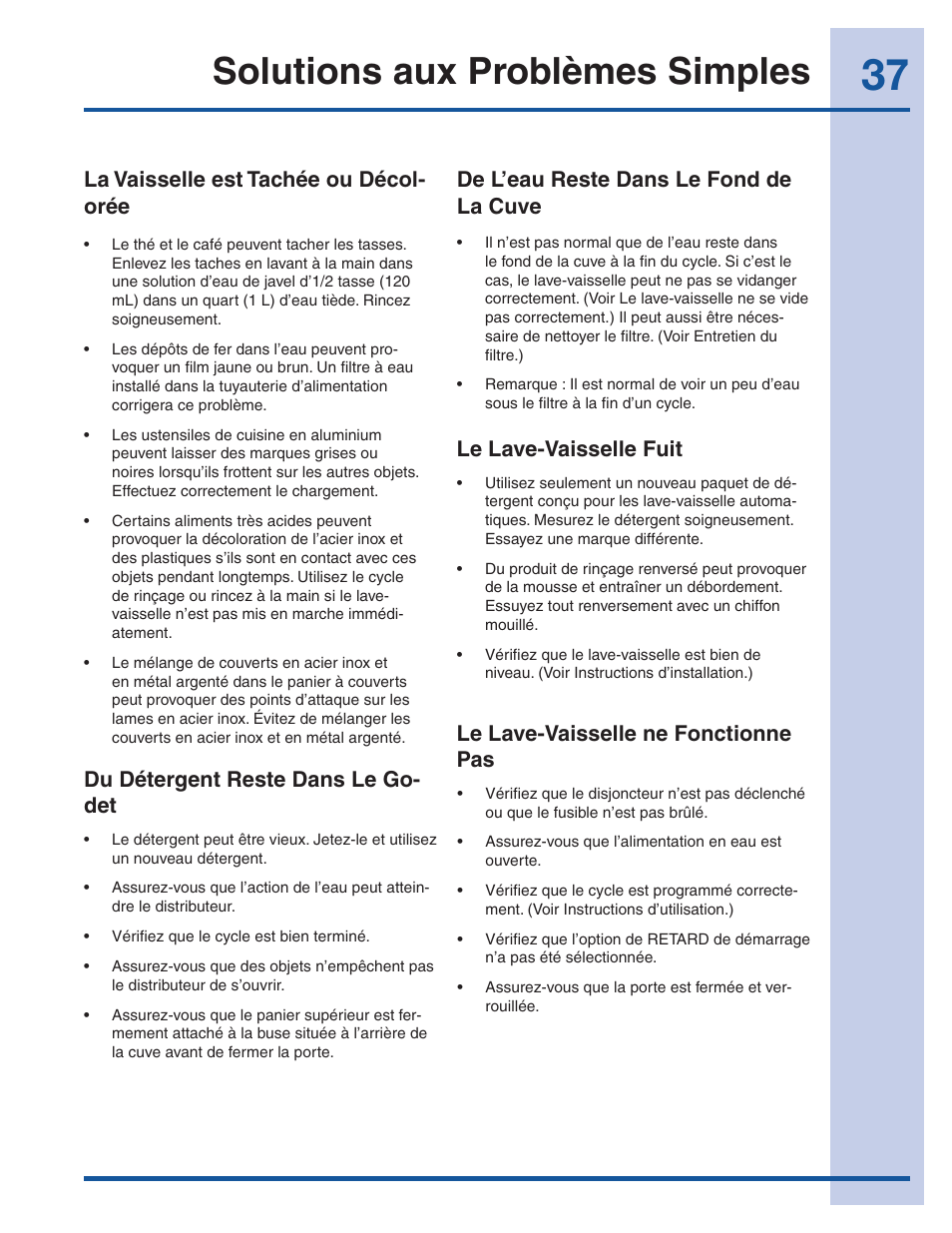 Solutions aux problèmes simples, La vaisselle est tachée ou décol- orée, Du détergent reste dans le go- det | De l’eau reste dans le fond de la cuve, Le lave-vaisselle fuit, Le lave-vaisselle ne fonctionne pas | Electrolux EI24ID30QS User Manual | Page 37 / 60