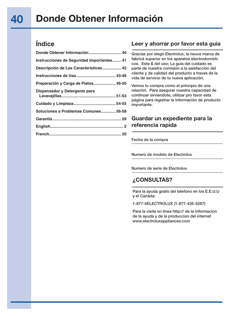 Donde obtener información, Índice | Electrolux EI24ID30QS User Manual | Page 40 / 60