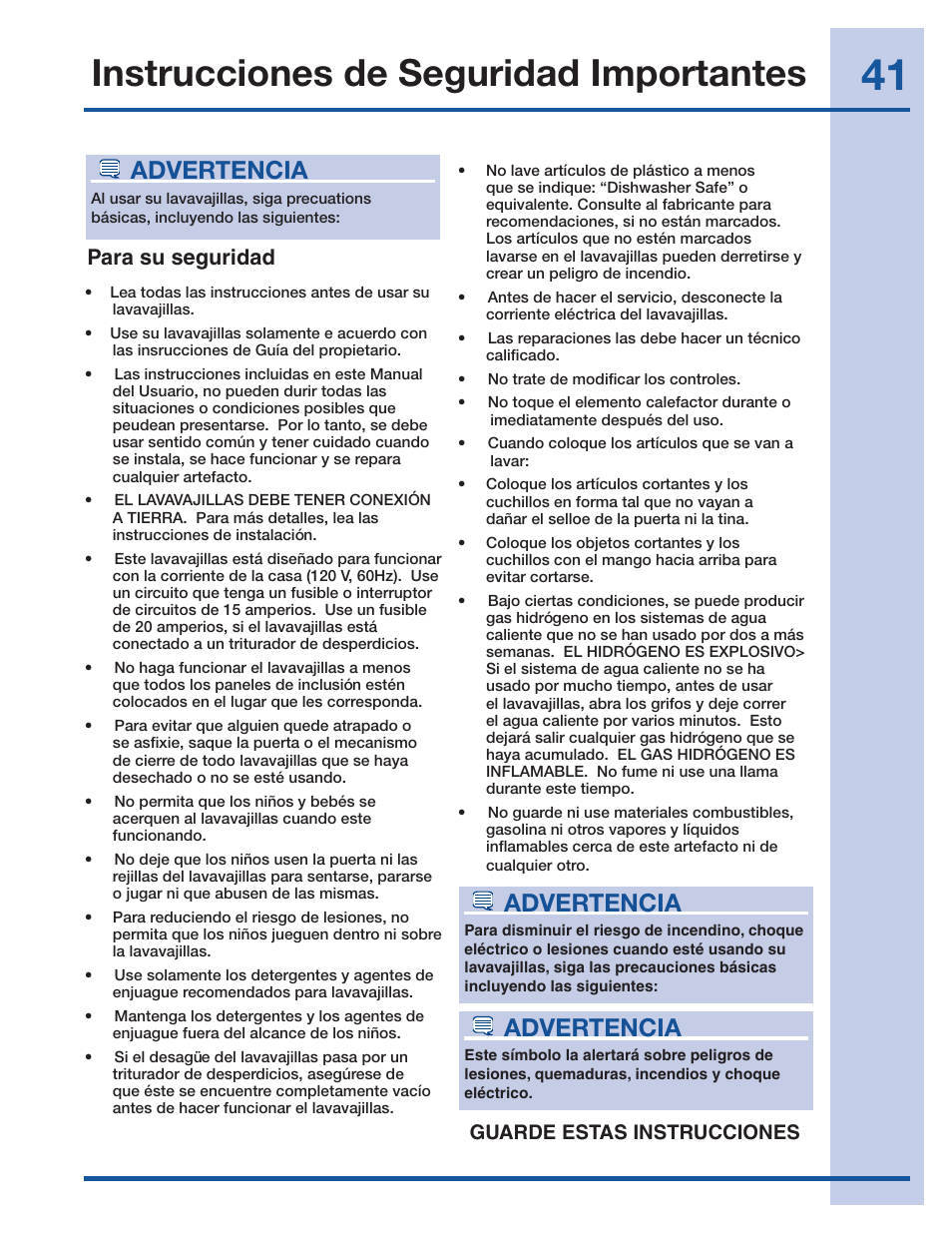 Instrucciones de seguridad importantes, Advertencia, Para su seguridad | Guarde estas instrucciones | Electrolux EI24ID30QS User Manual | Page 41 / 60