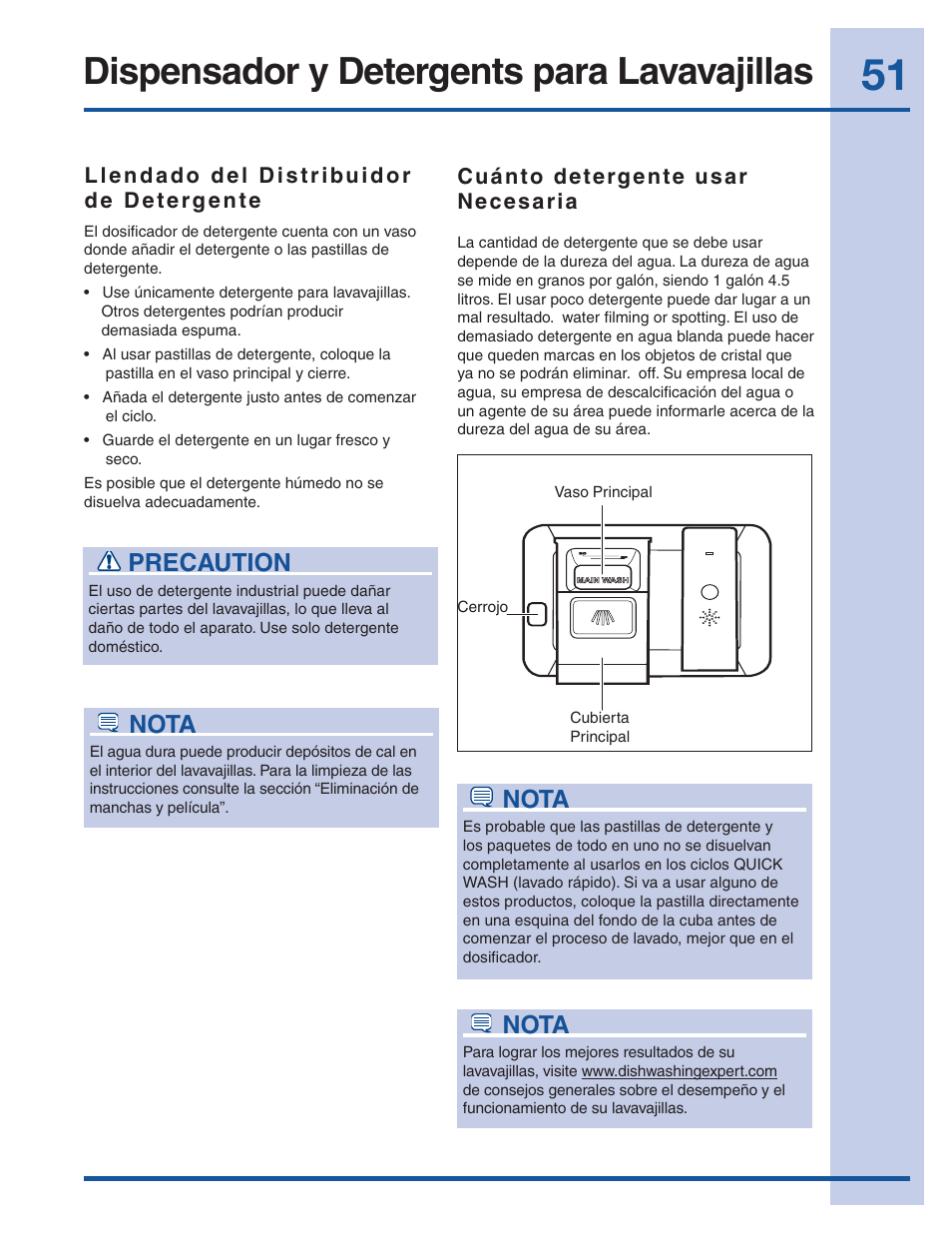 Dispensador y detergents para lavavajillas, Precaution, Nota | Electrolux EI24ID30QS User Manual | Page 51 / 60