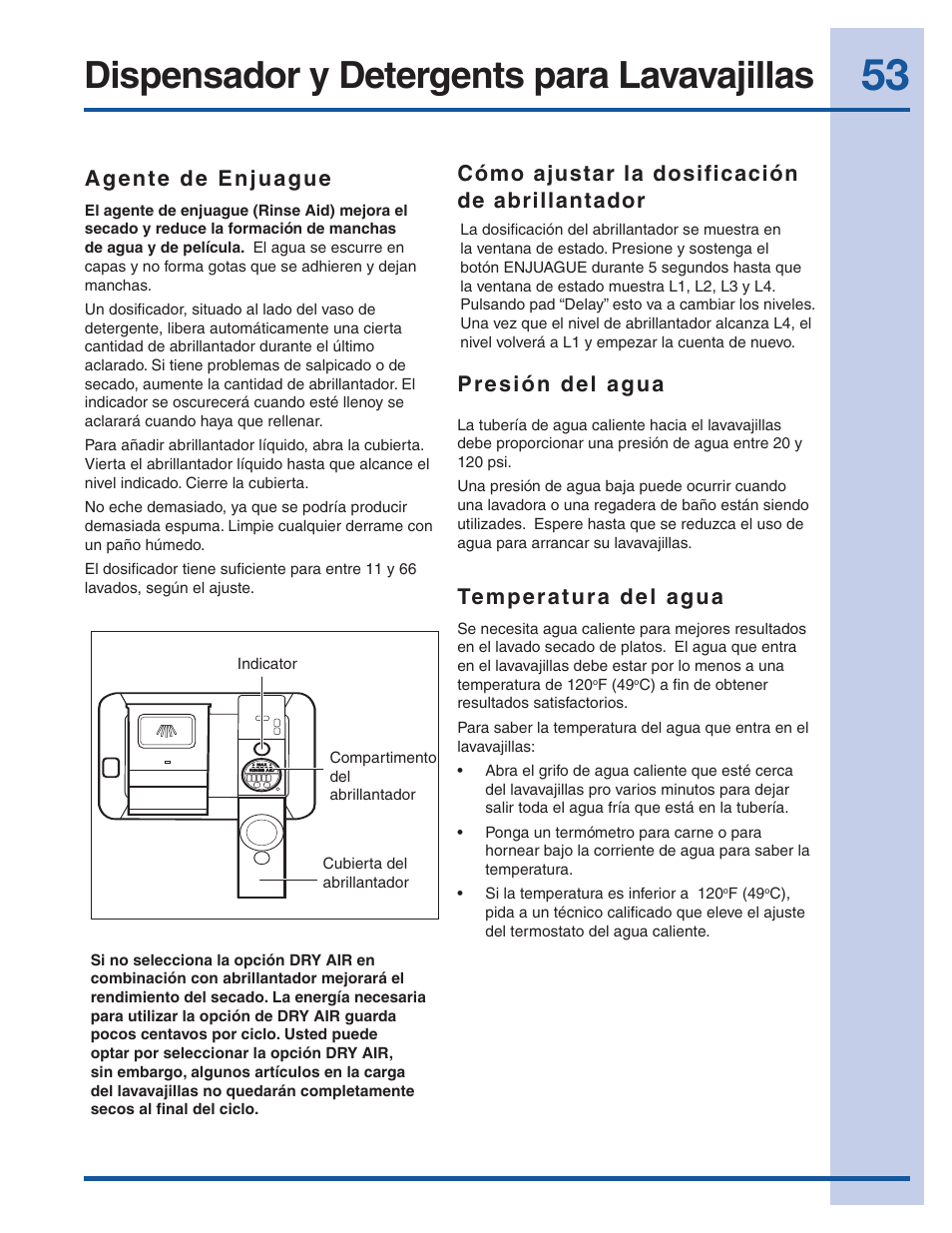 Dispensador y detergents para lavavajillas, Agente de enjuague, Presión del agua | Temperatura del agua, Cómo ajustar la dosificación de abrillantador | Electrolux EI24ID30QS User Manual | Page 53 / 60