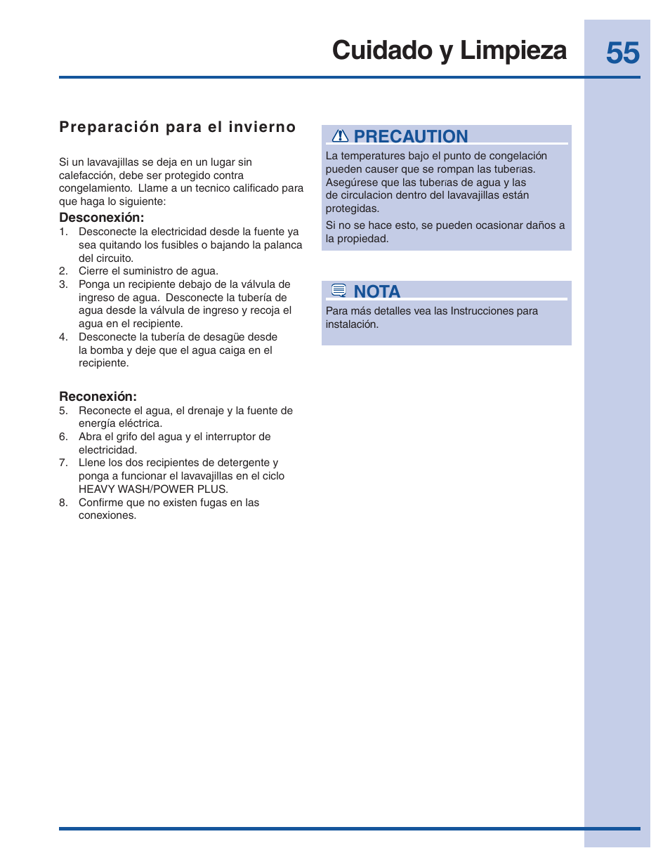 Cuidado y limpieza, Precaution, Nota | Preparación para el invierno | Electrolux EI24ID30QS User Manual | Page 55 / 60