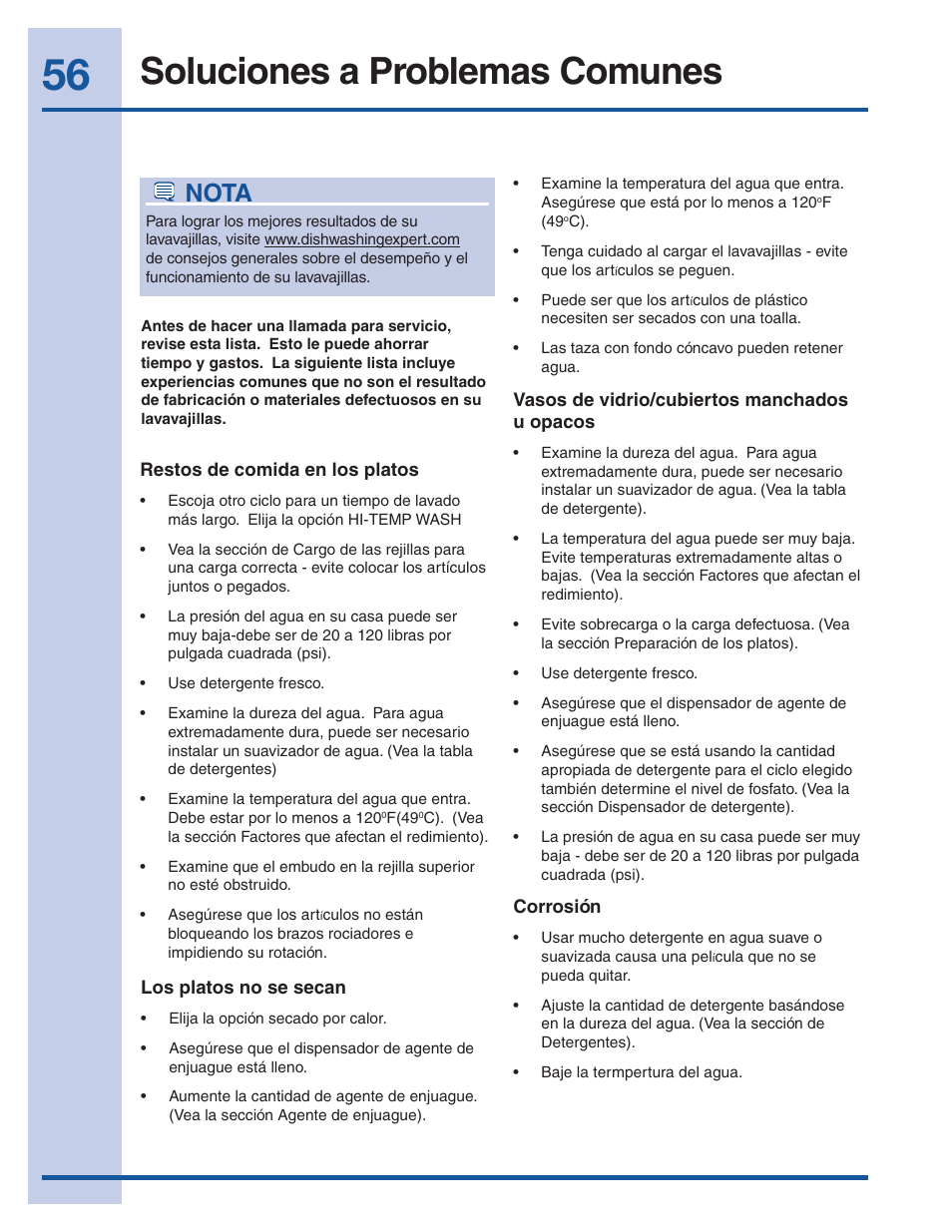 Soluciones a problemas comunes, Nota | Electrolux EI24ID30QS User Manual | Page 56 / 60