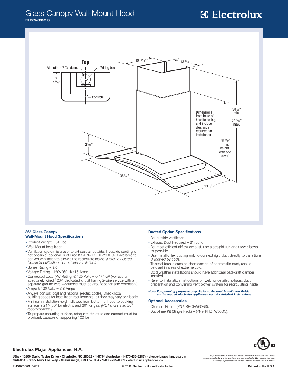 Glass canopy wall-mount hood, Electrolux major appliances, n.a | Electrolux RH36WC60GS User Manual | Page 2 / 2