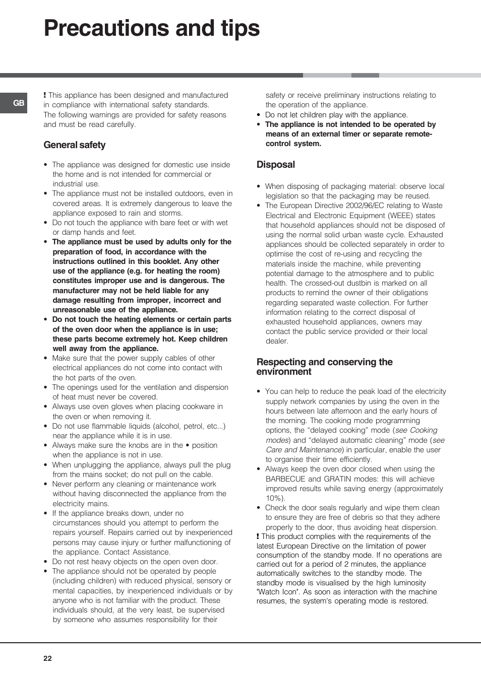 Precautions and tips | Hotpoint Ariston MH 99.1 (BK)-HA User Manual | Page 22 / 80