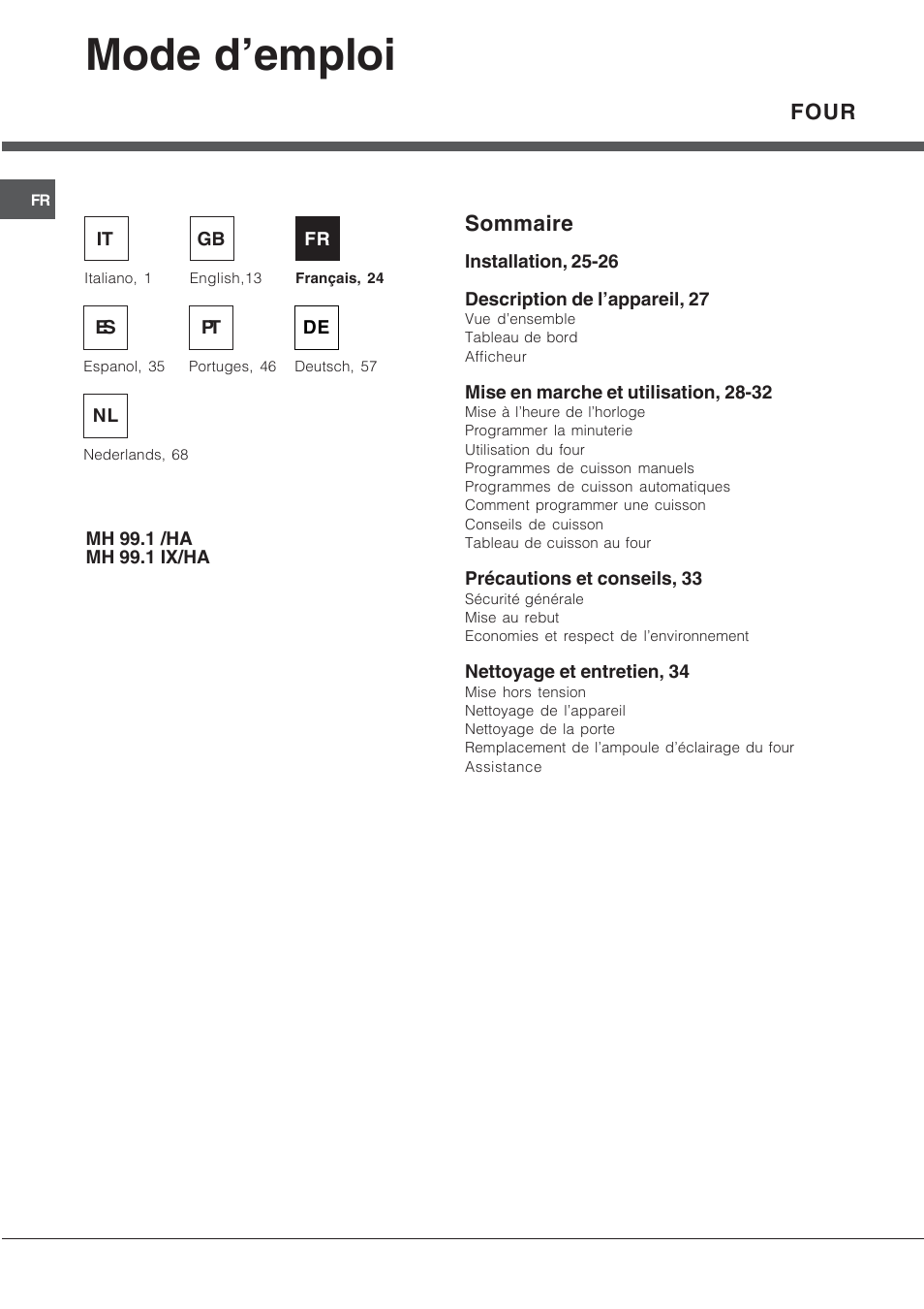 Mode d’emploi, Four, Sommaire | Hotpoint Ariston MH 99.1 (BK)-HA User Manual | Page 24 / 80