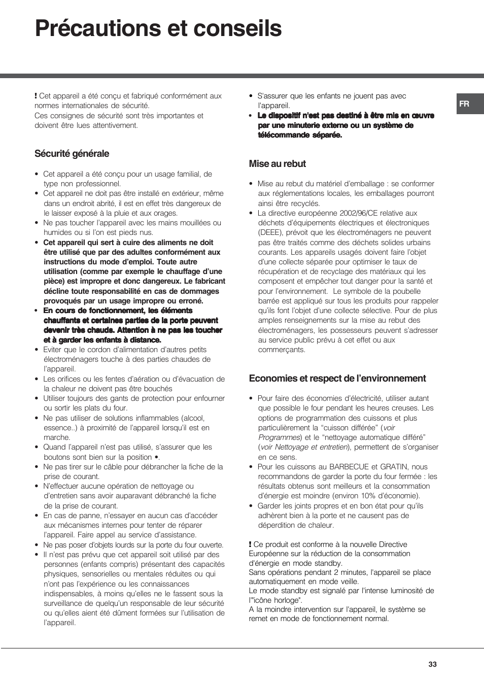 Précautions et conseils, Sécurité générale, Mise au rebut | Economies et respect de l’environnement | Hotpoint Ariston MH 99.1 (BK)-HA User Manual | Page 33 / 80