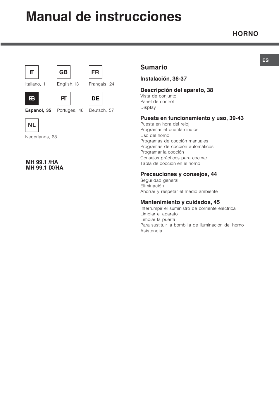 Manual de instrucciones, Horno, Sumario | Hotpoint Ariston MH 99.1 (BK)-HA User Manual | Page 35 / 80