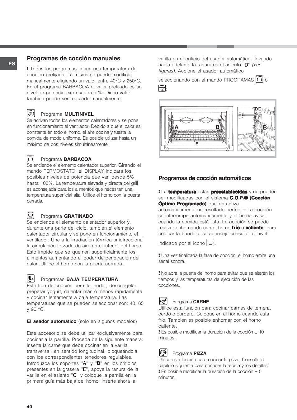 Programas de cocción automáticos, Programas de cocción manuales | Hotpoint Ariston MH 99.1 (BK)-HA User Manual | Page 40 / 80