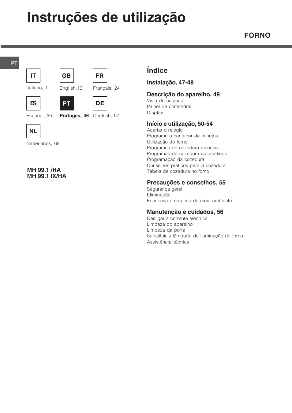 Instruções de utilização, Forno, Índice | Hotpoint Ariston MH 99.1 (BK)-HA User Manual | Page 46 / 80