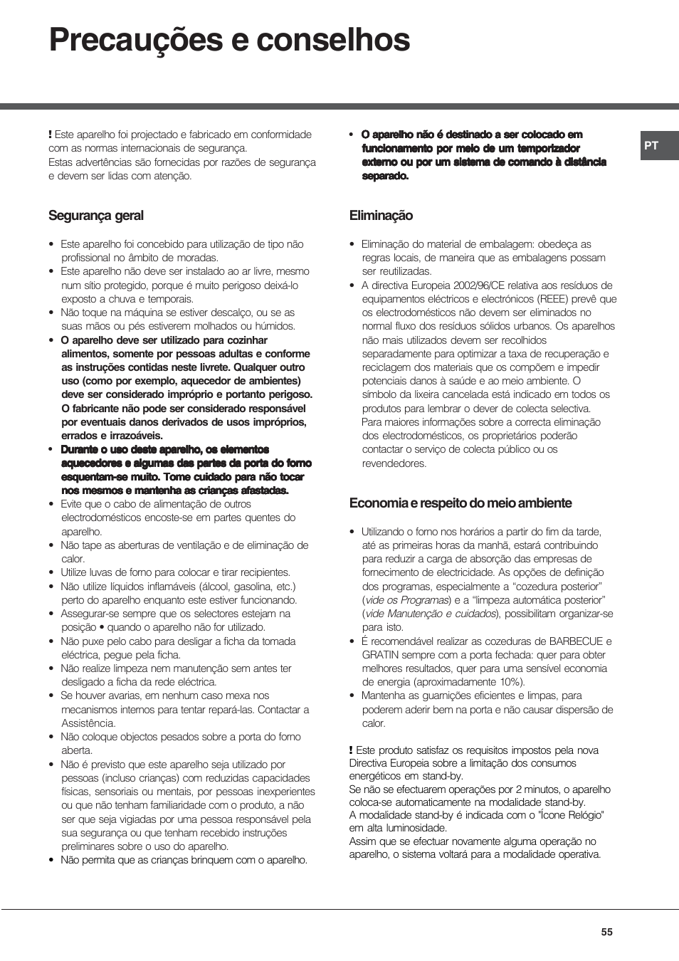 Precauções e conselhos, Segurança geral, Eliminação | Economia e respeito do meio ambiente | Hotpoint Ariston MH 99.1 (BK)-HA User Manual | Page 55 / 80