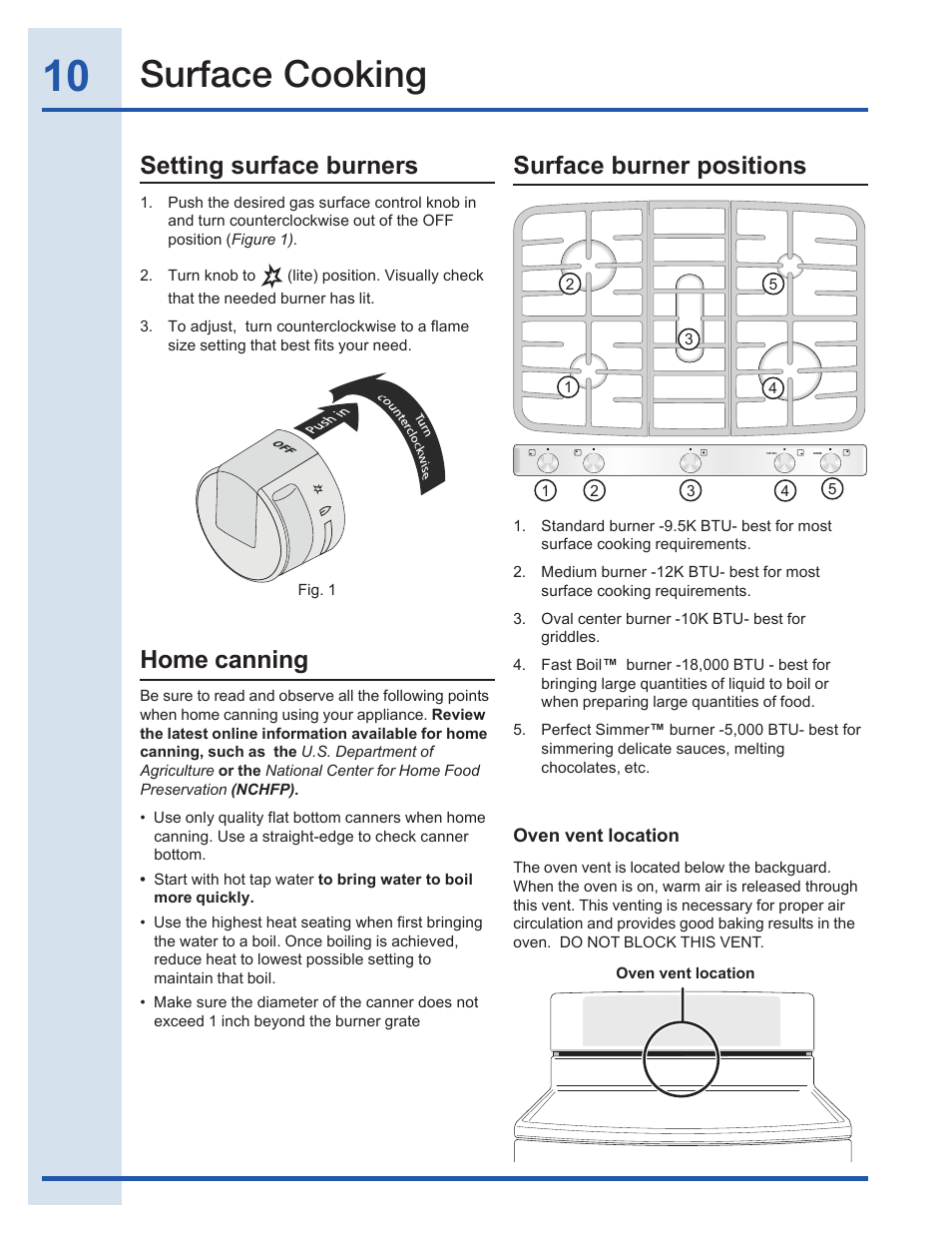 Surface cooking, Setting surface burners, Surface burner positions | Home canning | Electrolux EI30GF35JS User Manual | Page 10 / 52