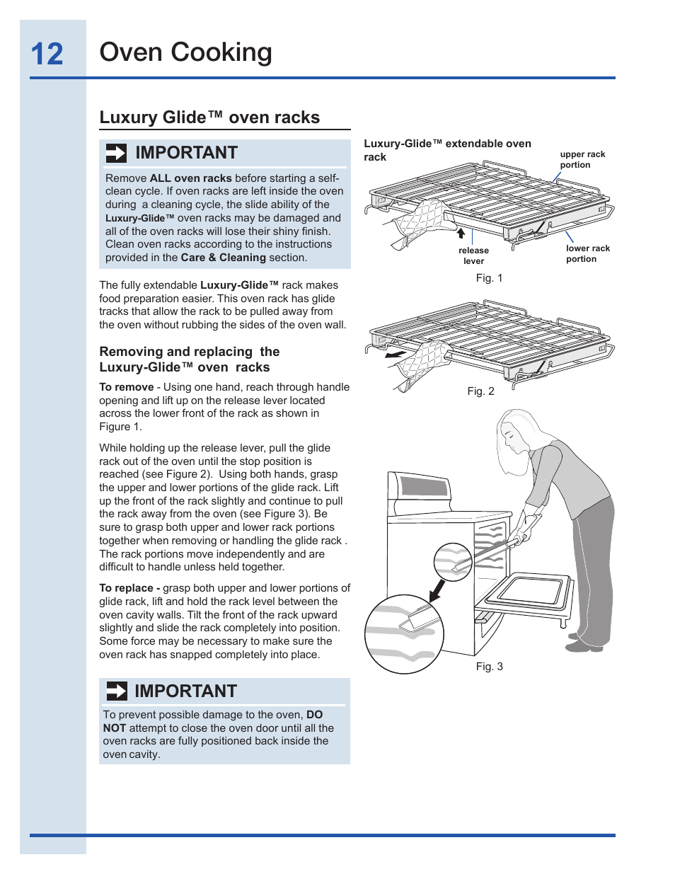 Oven cooking, Luxury glide™ oven racks important, Important | Electrolux EI30GF35JS User Manual | Page 12 / 52