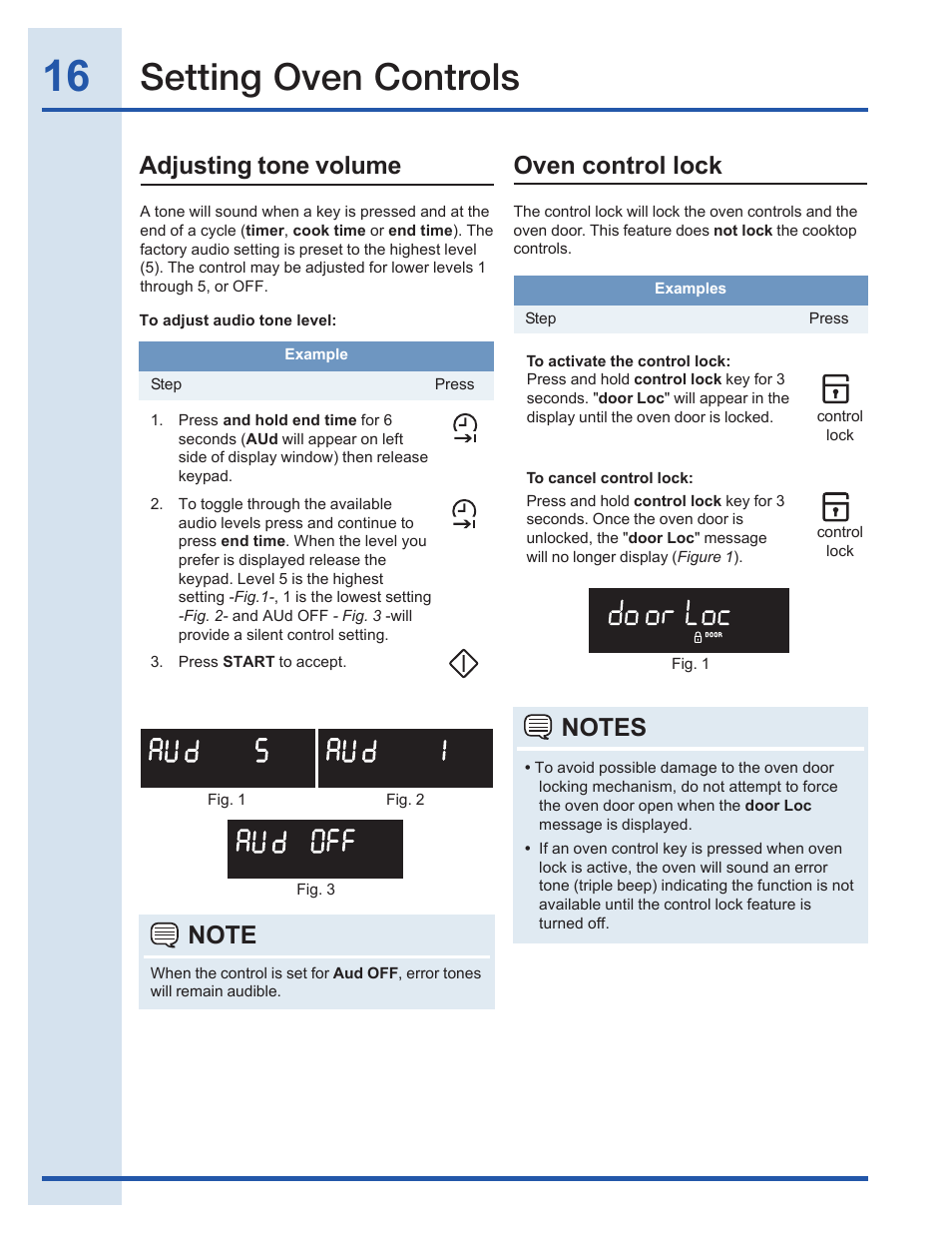 Setting oven controls, Adjusting tone volume, Oven control lock | Electrolux EI30GF35JS User Manual | Page 16 / 52