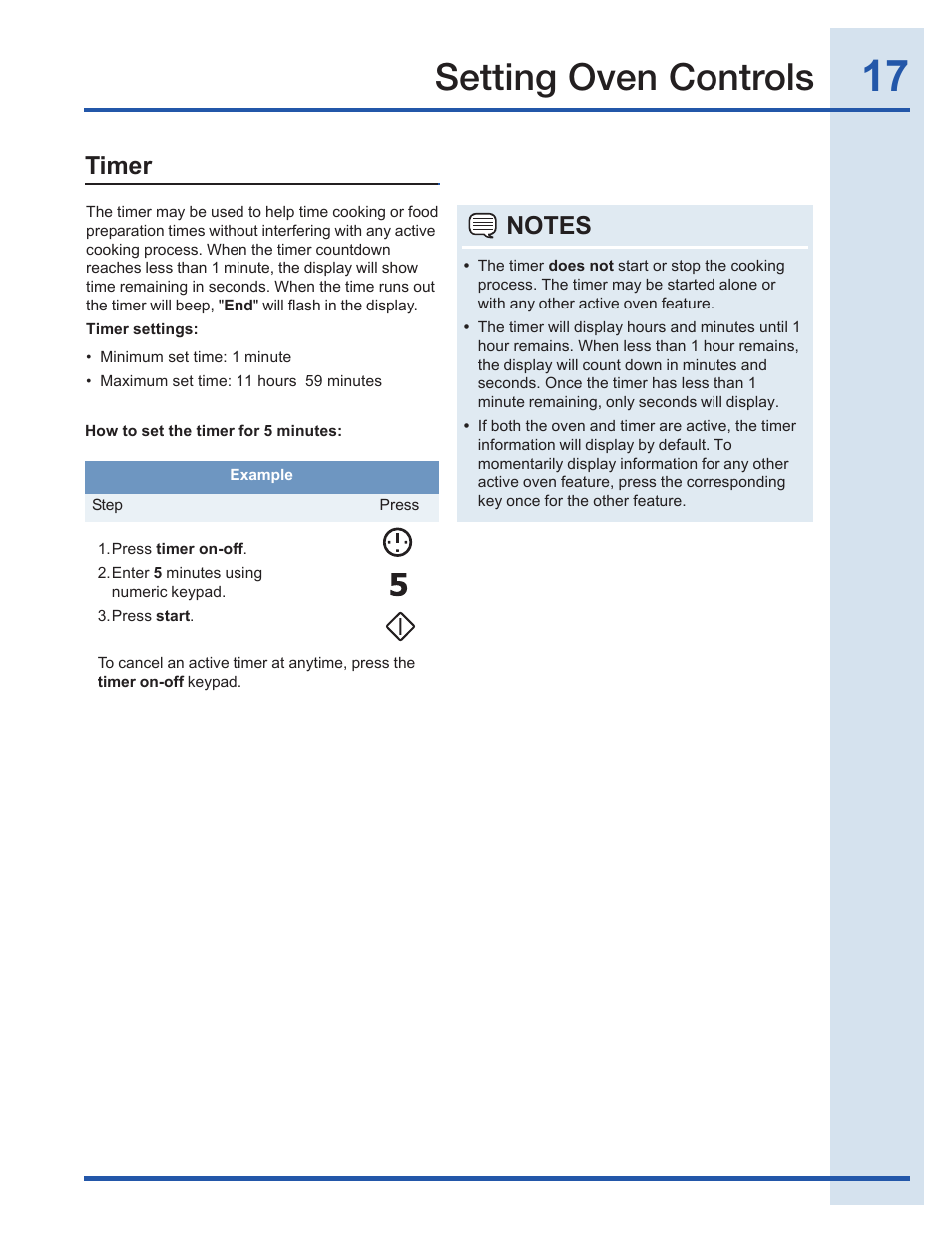 Setting oven controls, Timer | Electrolux EI30GF35JS User Manual | Page 17 / 52