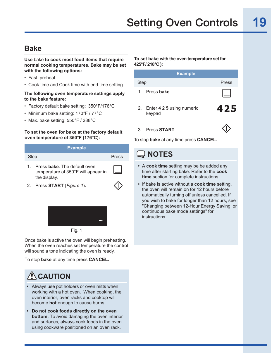 Setting oven controls, Bake, Caution | Electrolux EI30GF35JS User Manual | Page 19 / 52