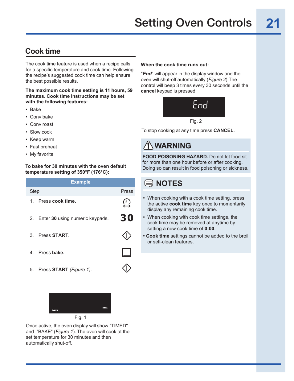 Setting oven controls, Cook time, Warning | Electrolux EI30GF35JS User Manual | Page 21 / 52