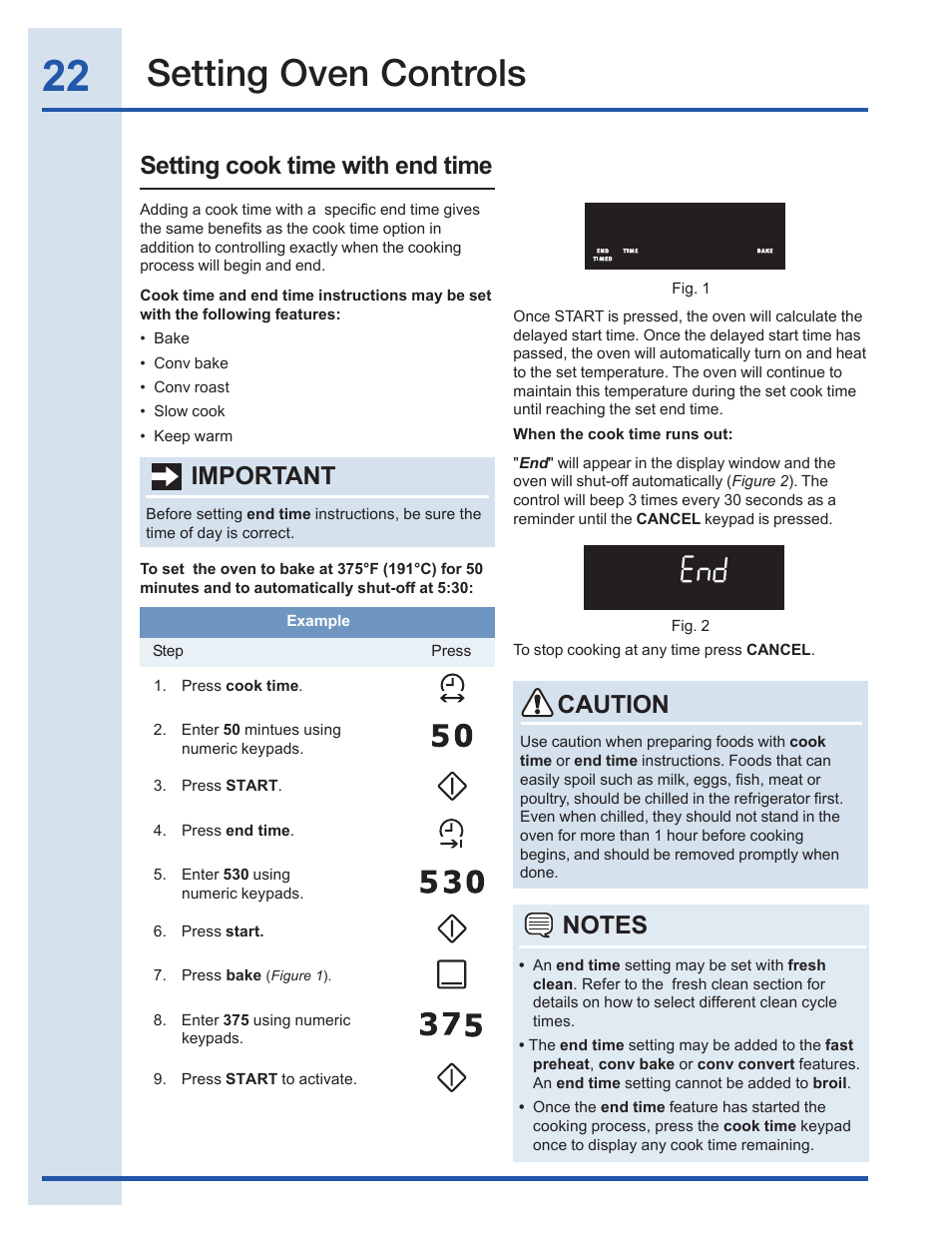 Setting oven controls, Setting cook time with end time, Important | Caution | Electrolux EI30GF35JS User Manual | Page 22 / 52