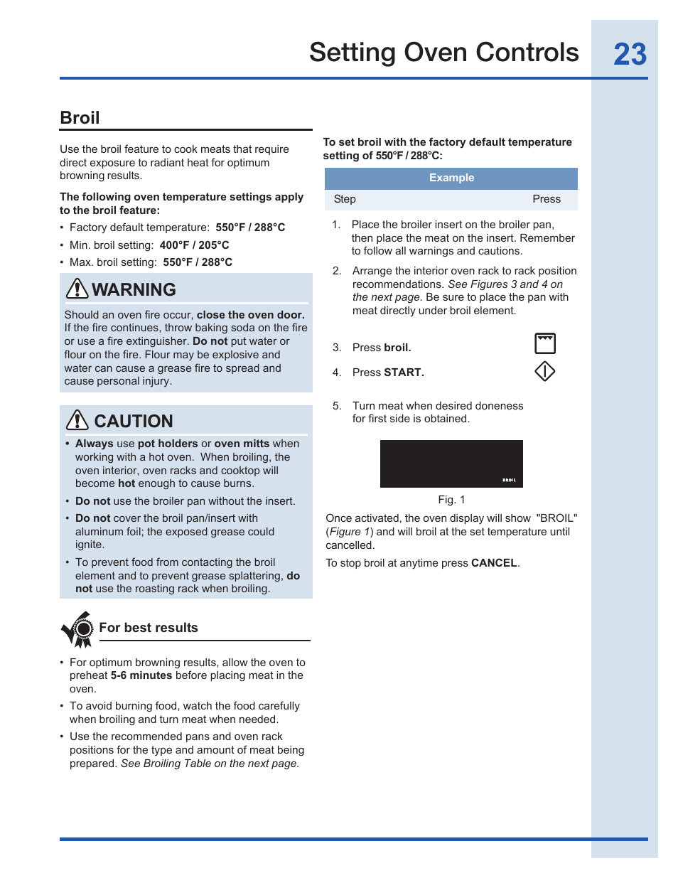 Setting oven controls, Broil warning, Caution | Electrolux EI30GF35JS User Manual | Page 23 / 52
