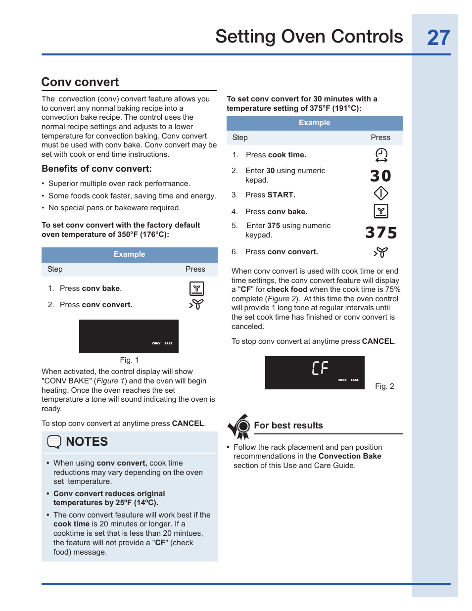 Setting oven controls, Conv convert | Electrolux EI30GF35JS User Manual | Page 27 / 52