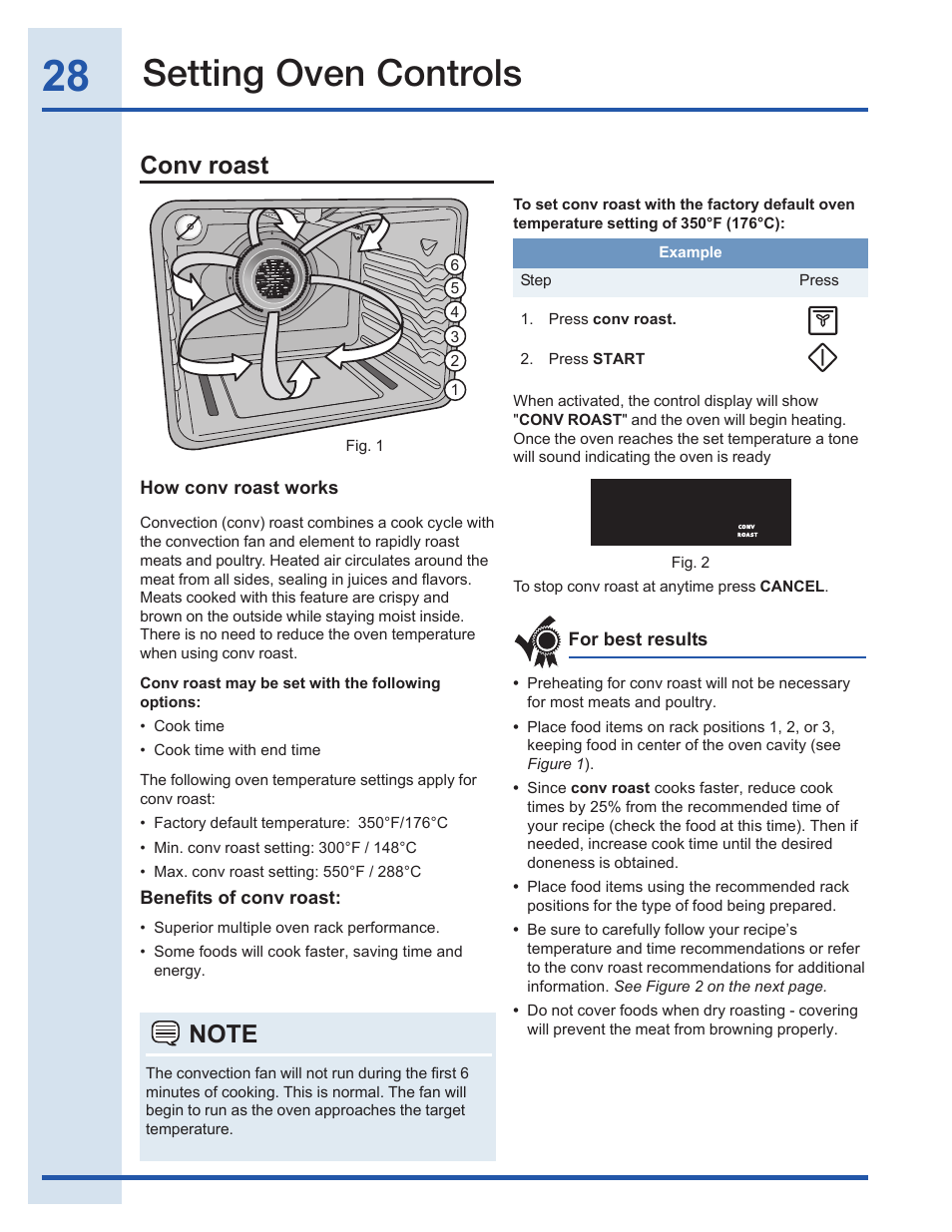 Setting oven controls, Conv roast | Electrolux EI30GF35JS User Manual | Page 28 / 52