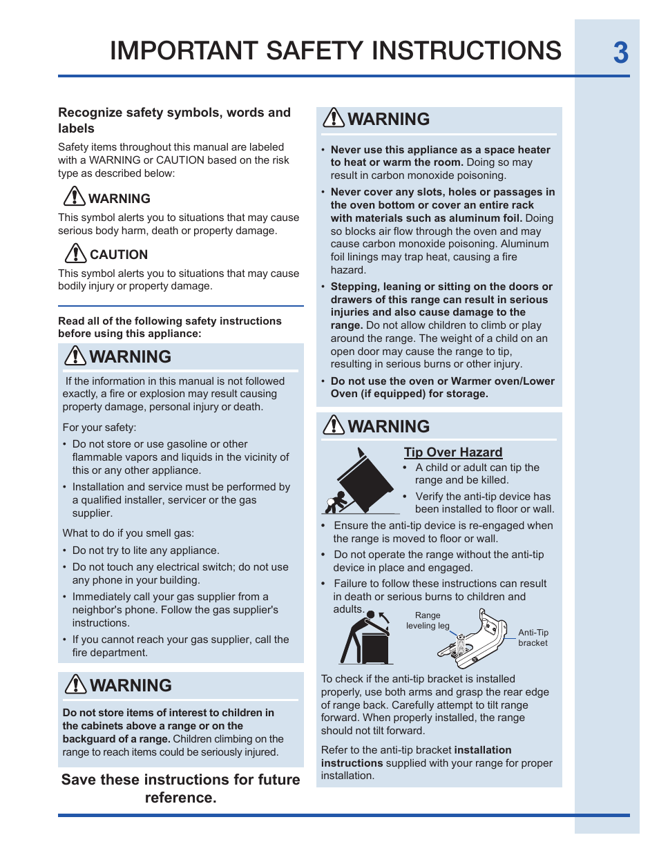 Important safety instructions, Warning, Save these instructions for future reference | Electrolux EI30GF35JS User Manual | Page 3 / 52