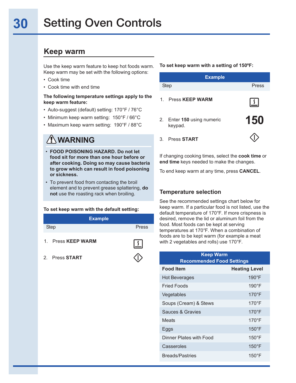 Setting oven controls, Keep warm, Warning | Electrolux EI30GF35JS User Manual | Page 30 / 52