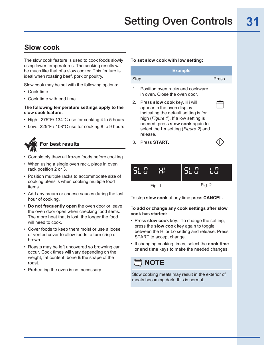 Setting oven controls, Slow cook | Electrolux EI30GF35JS User Manual | Page 31 / 52