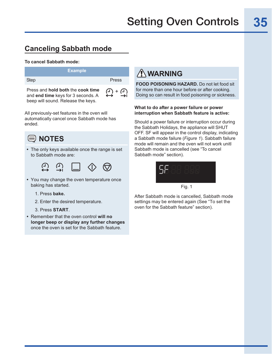 Setting oven controls, Canceling sabbath mode, Warning | Electrolux EI30GF35JS User Manual | Page 35 / 52