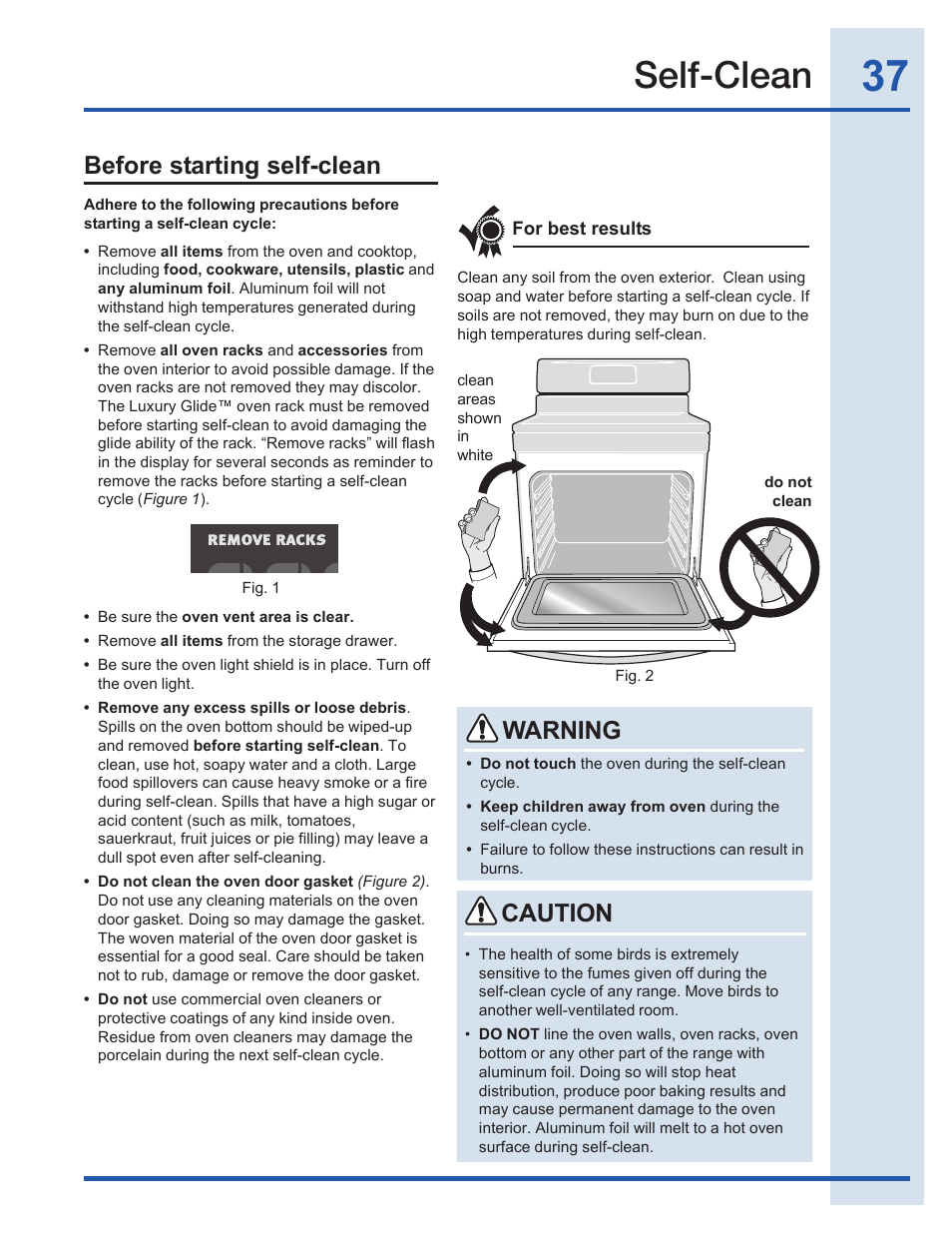 Self-clean, Before starting self-clean, Caution warning | Electrolux EI30GF35JS User Manual | Page 37 / 52