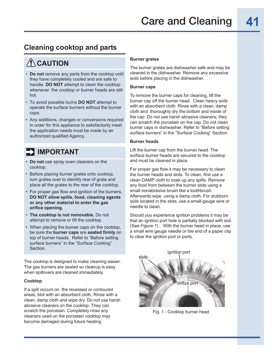 Care and cleaning, Cleaning cooktop and parts, Caution | Important | Electrolux EI30GF35JS User Manual | Page 41 / 52