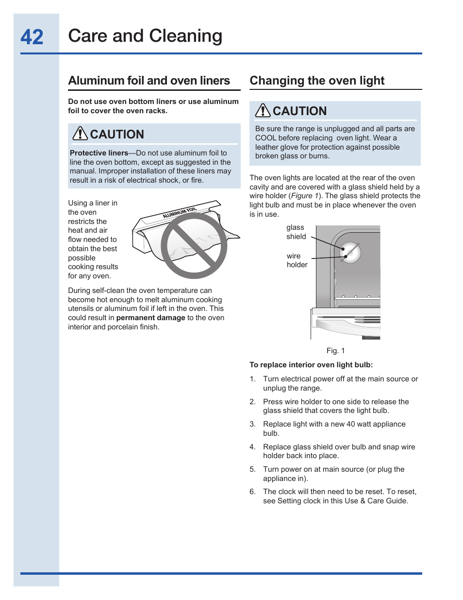 Care and cleaning, Aluminum foil and oven liners, Caution | Changing the oven light | Electrolux EI30GF35JS User Manual | Page 42 / 52