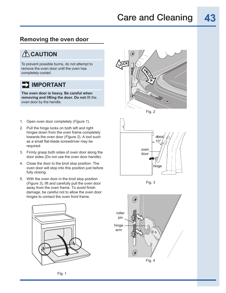 Care and cleaning, Removing the oven door, Caution | Important | Electrolux EI30GF35JS User Manual | Page 43 / 52