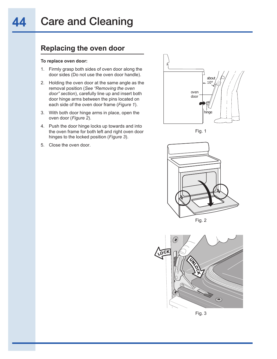 Care and cleaning, Replacing the oven door | Electrolux EI30GF35JS User Manual | Page 44 / 52
