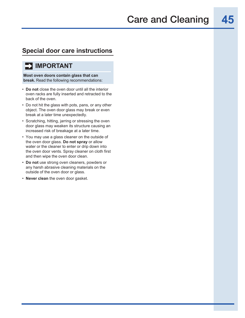 Care and cleaning, Special door care instructions, Important | Electrolux EI30GF35JS User Manual | Page 45 / 52