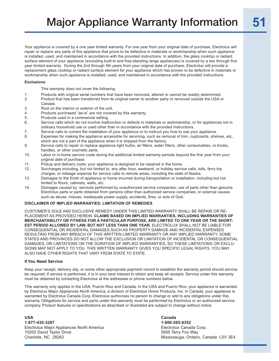 Major appliance warranty information | Electrolux EI30GF35JS User Manual | Page 51 / 52