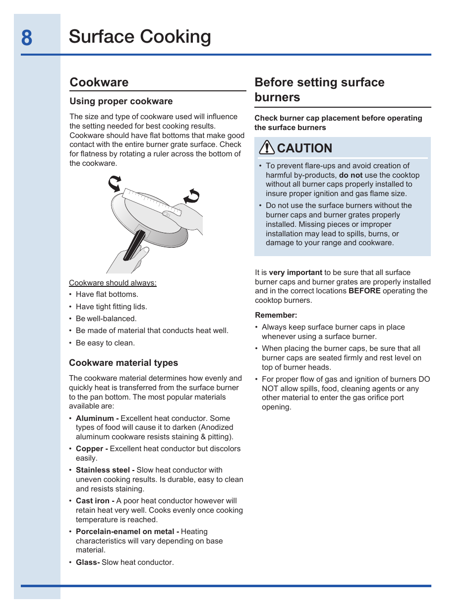 Surface cooking, Cookware, Before setting surface burners | Caution | Electrolux EI30GF35JS User Manual | Page 8 / 52