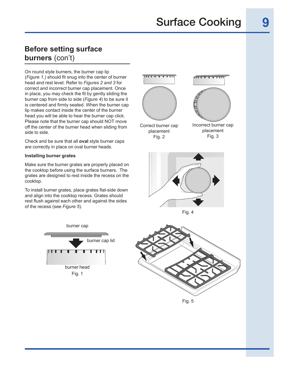 Surface cooking, Before setting surface burners (con’t) | Electrolux EI30GF35JS User Manual | Page 9 / 52