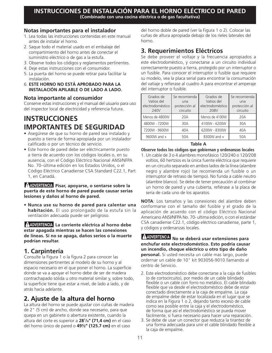 Instrucciones importantes de seguridad, Carpintería, Ajuste de la altura del horno | Requerimientos eléctricos | Electrolux EI27EW45KW User Manual | Page 11 / 24