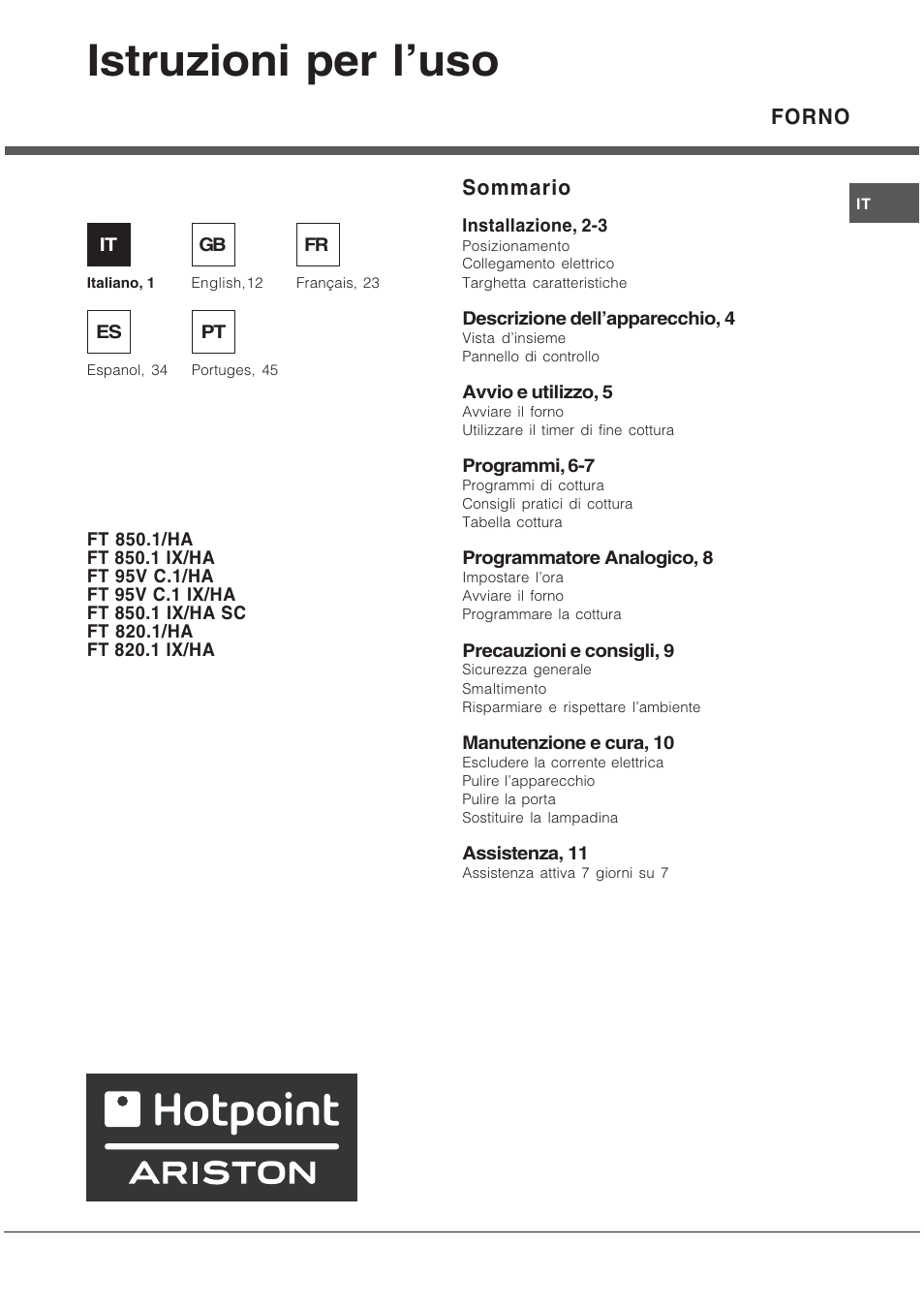 Hotpoint Ariston Tradizione FT 820.1 IX-HA User Manual | 56 pages