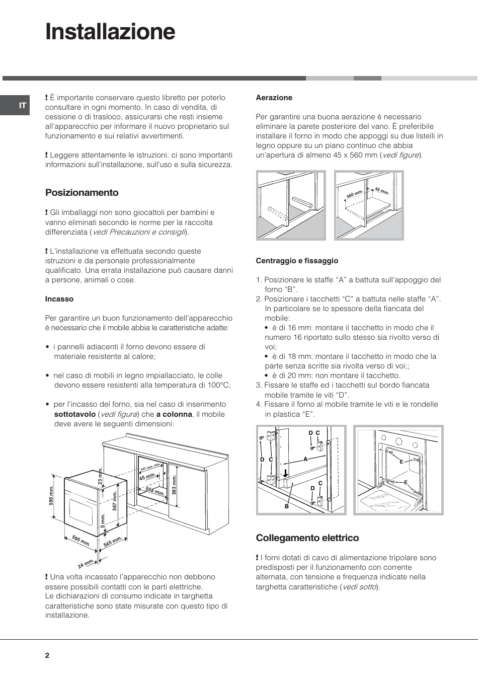 Installazione, Posizionamento, Collegamento elettrico | Hotpoint Ariston Tradizione FT 820.1 IX-HA User Manual | Page 2 / 56
