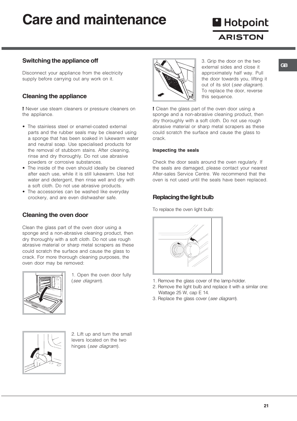 Care and maintenance | Hotpoint Ariston Tradizione FT 820.1 IX-HA User Manual | Page 21 / 56