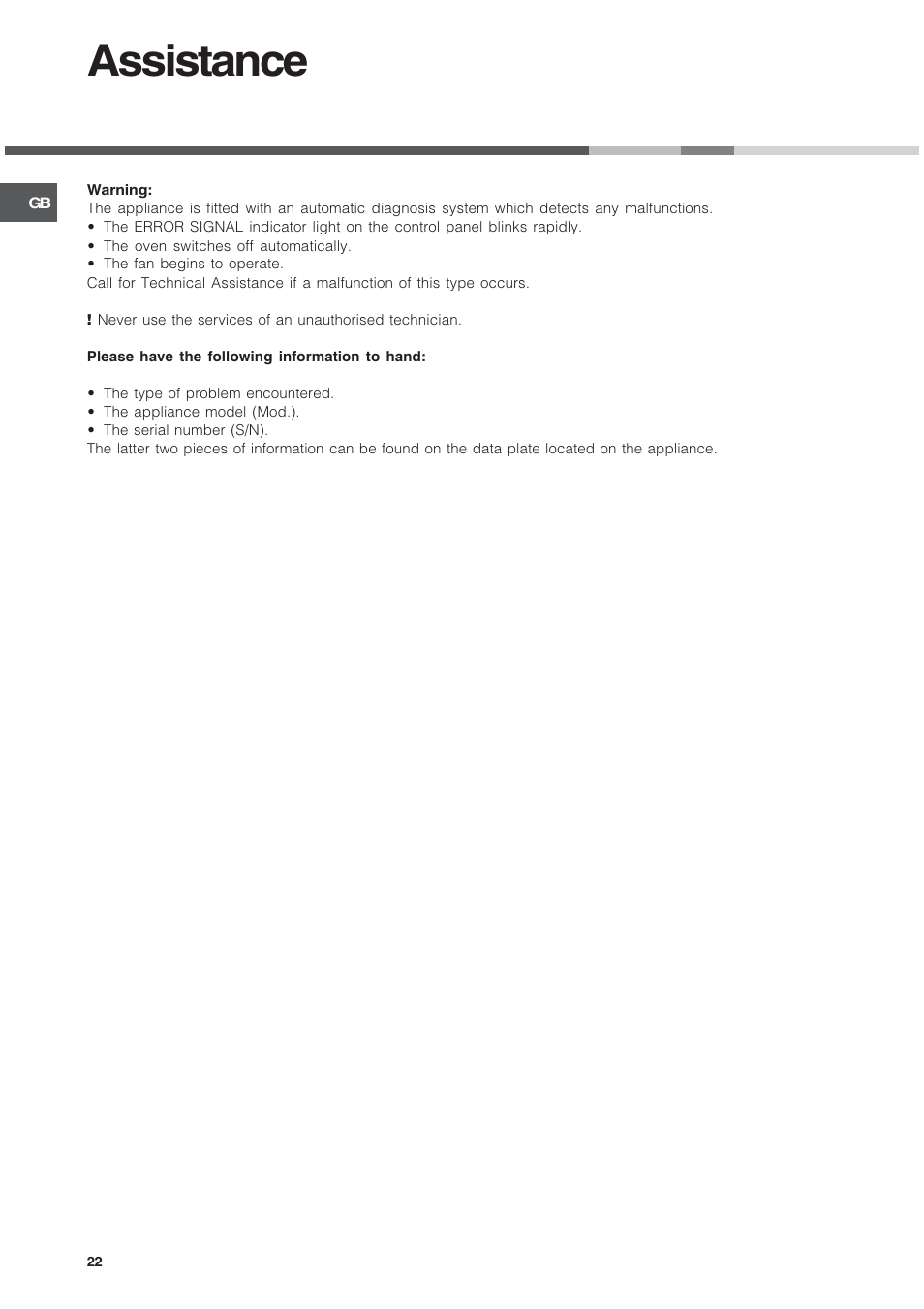 Assistance | Hotpoint Ariston Tradizione FT 820.1 IX-HA User Manual | Page 22 / 56