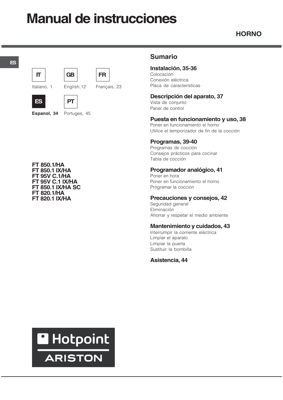 Manual de instrucciones, Sumario, Horno | Hotpoint Ariston Tradizione FT 820.1 IX-HA User Manual | Page 34 / 56