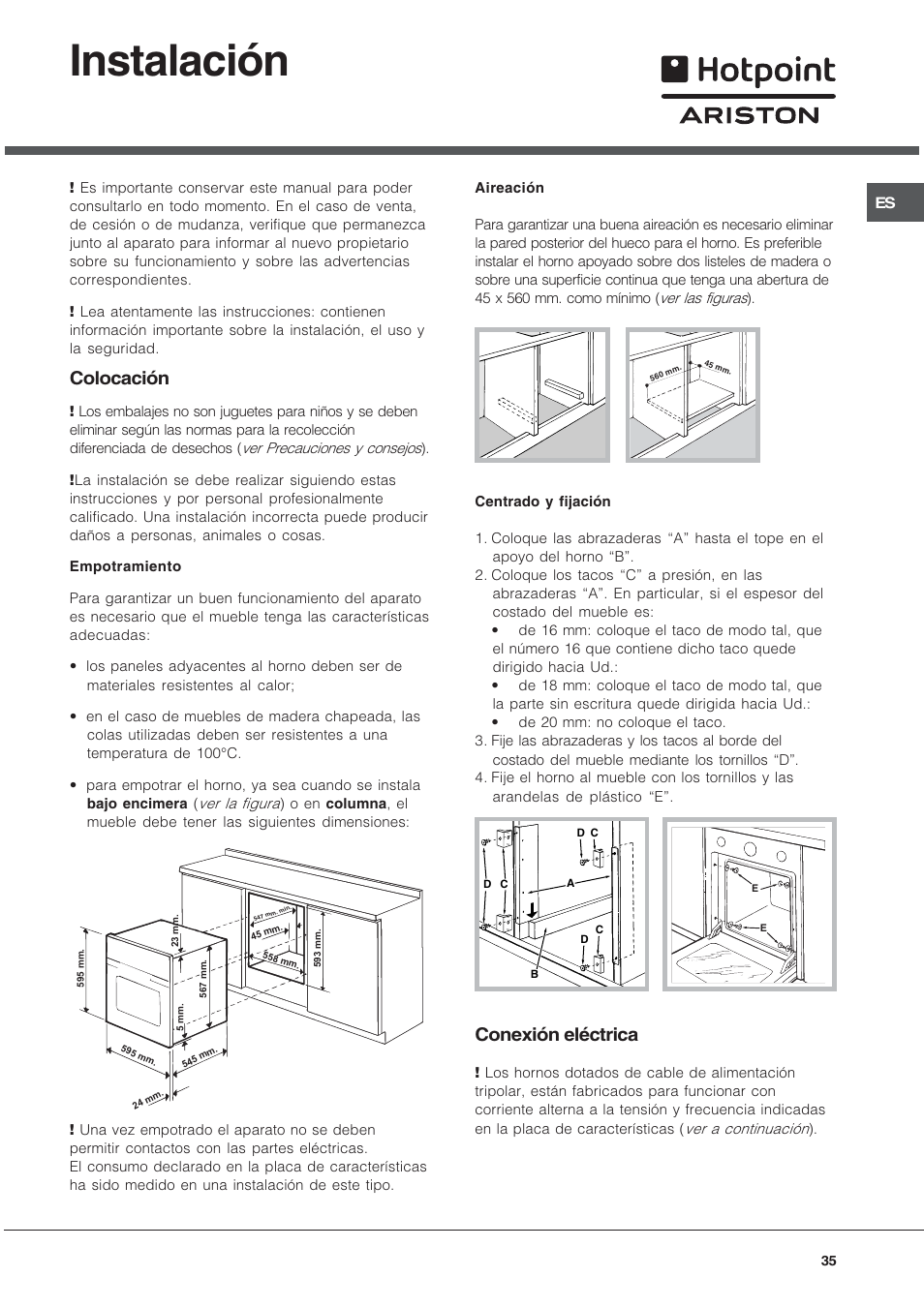 Instalación, Colocación, Conexión eléctrica | Hotpoint Ariston Tradizione FT 820.1 IX-HA User Manual | Page 35 / 56