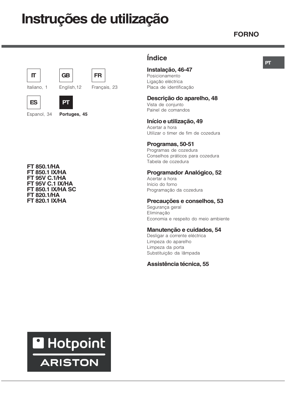 Instruções de utilização, Índice, Forno | Hotpoint Ariston Tradizione FT 820.1 IX-HA User Manual | Page 45 / 56