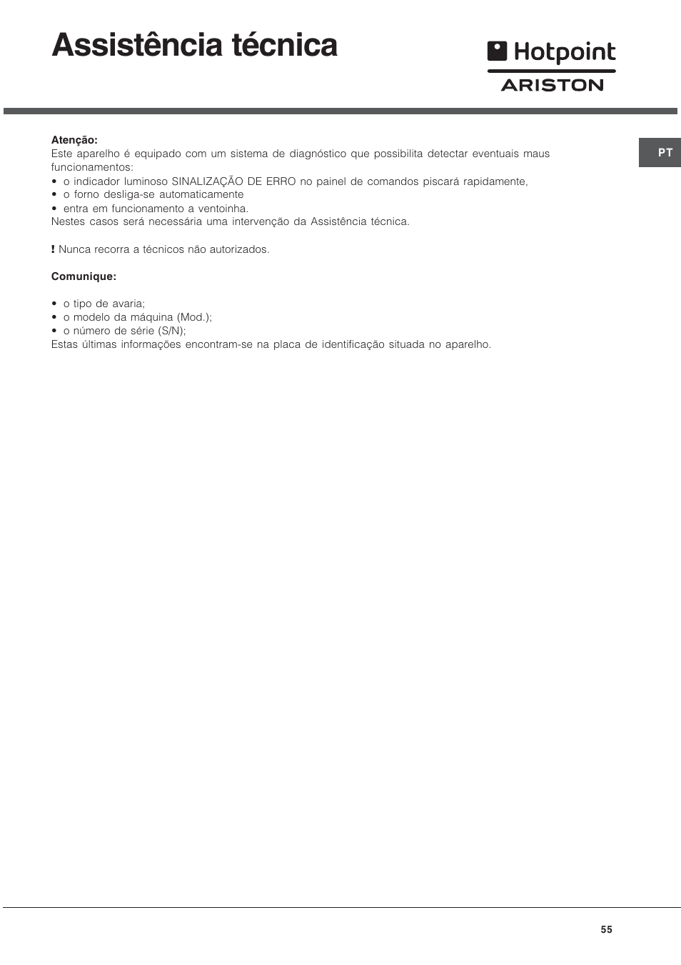 Assistência técnica | Hotpoint Ariston Tradizione FT 820.1 IX-HA User Manual | Page 55 / 56