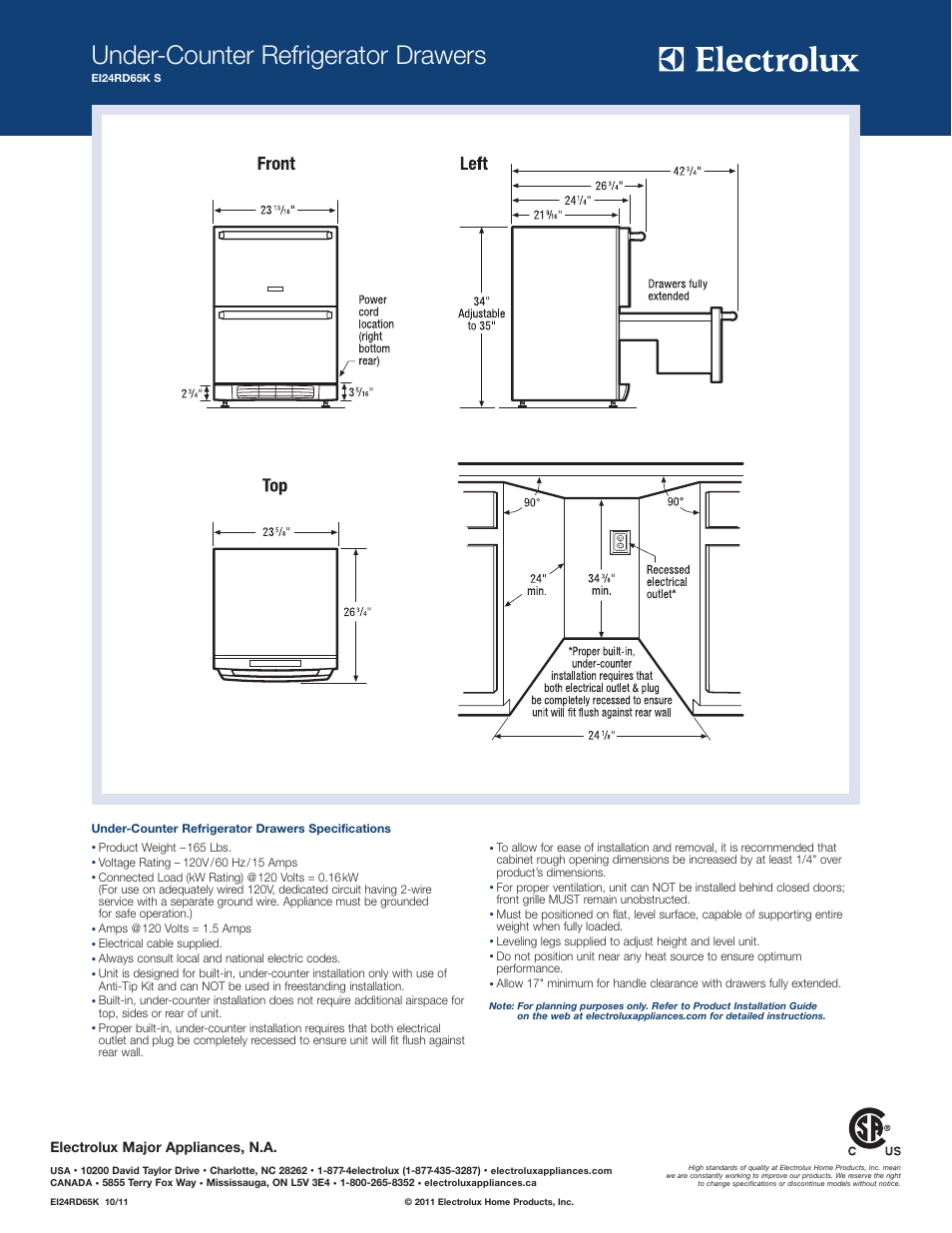 Under-counter refrigerator drawers, Electrolux major appliances, n.a | Electrolux EI24RD65KS User Manual | Page 2 / 4