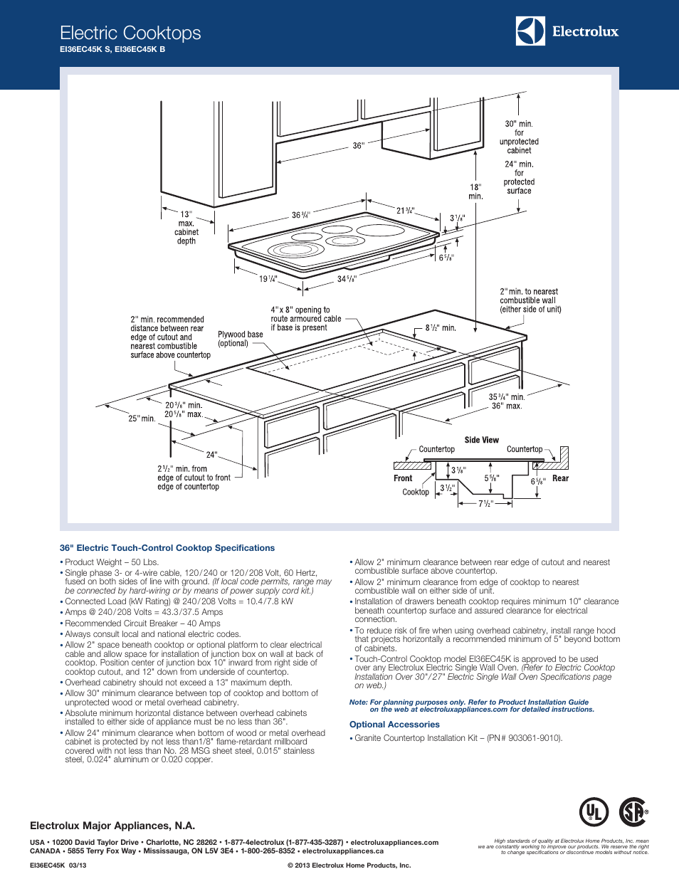 Electric cooktops | Electrolux EI36EC45KB User Manual | Page 2 / 3